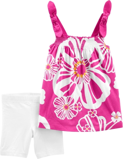 Meisjesset voor de zomer: tuniek en korte leggings paarse bloemen