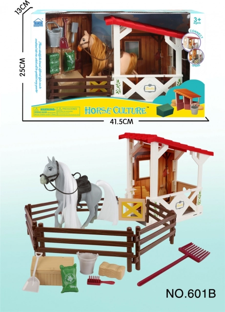 Paardenstal met paardje en omheining – kinderboerderij-set