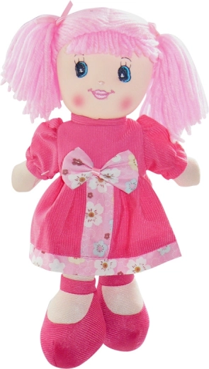 Cloth doll 30 cm in dark pink dress with bow