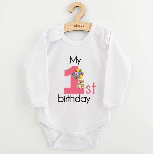 Baby bodysuit with print New Baby My First Birthday pink, size 86 (12–18 months)