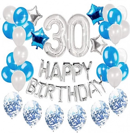 30th Birthday Balloon Set - Silver - Blue