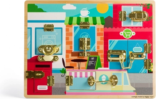 Bigjigs Toys wooden activity board with latches and locks