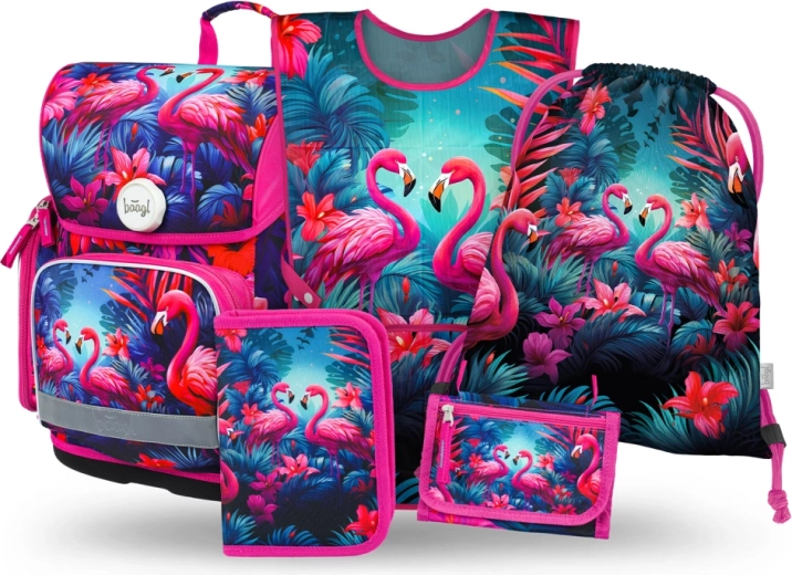 School Set BAAGL Ergo Flamingos – satchel, pencil case, gym bag, apron and wallet