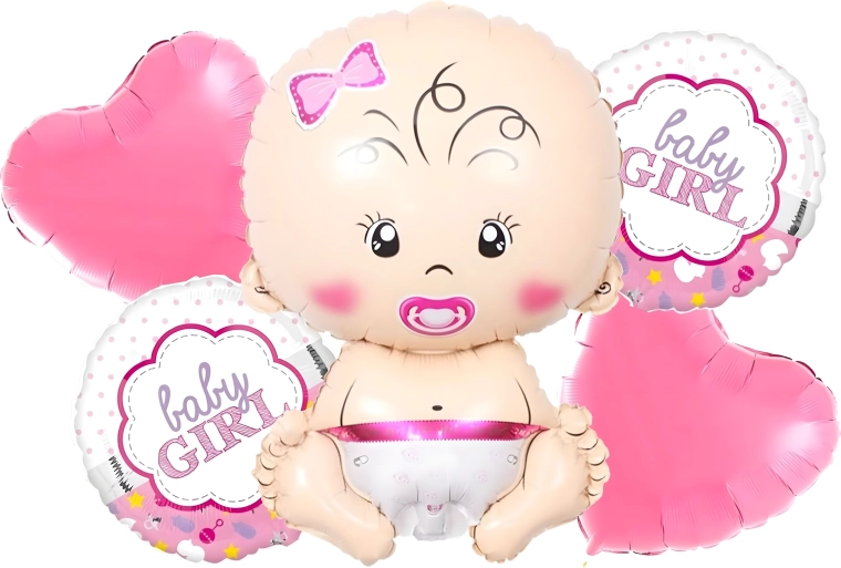 Baby Shower Balloons for a Girl – Set of 5 with Stars and Baby Motif