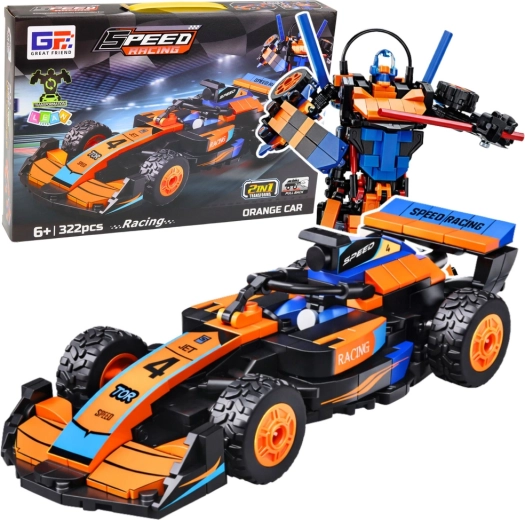 Jeu de construction 2‑en‑1 voiture de course orange et robot, 322 pièces