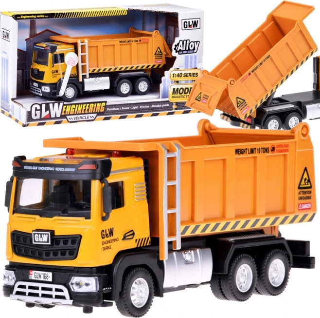 Kids' dump truck with light and sound, metal body, pull-back