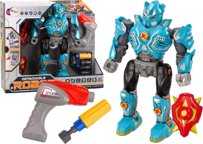 Screw-together robot with drill, shield, and light and sound effects – turquoise