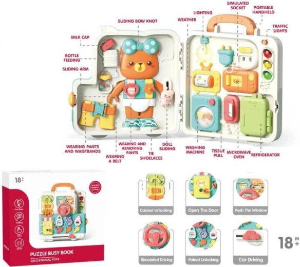 Tableau d’activités en forme d’ours – jouet éducatif en bois pour développer la motricité