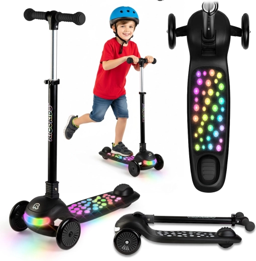 Trottinette d’équilibre pour enfants à trois roues avec éclairage LED Ricokids Glowi – noire