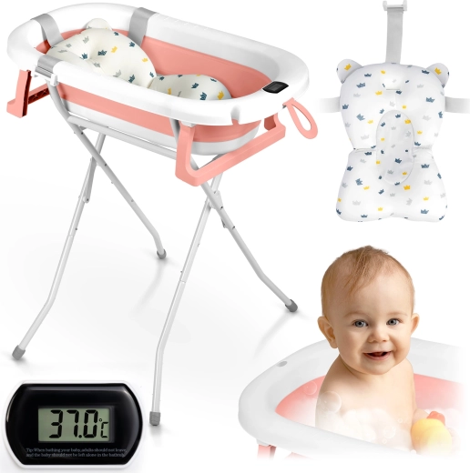 Opvouwbaar babybadje met standaard, thermometer en inleg RICOKIDS wit‑roze