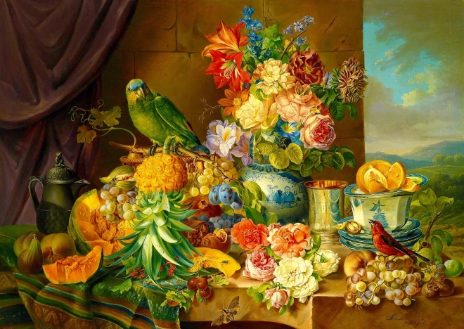 Puzzle Still Life with Flowers, Fruit, and Parrot 1000 Pieces