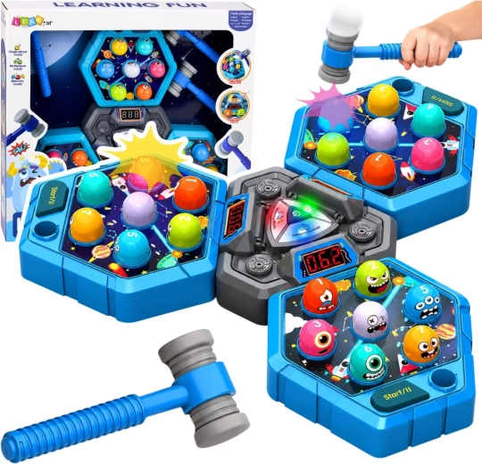 Electronic Whack-a-Mole reaction game for 1–3 players with light effects and mallets