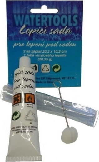 Pool liner adhesive with repair patches for underwater repairs