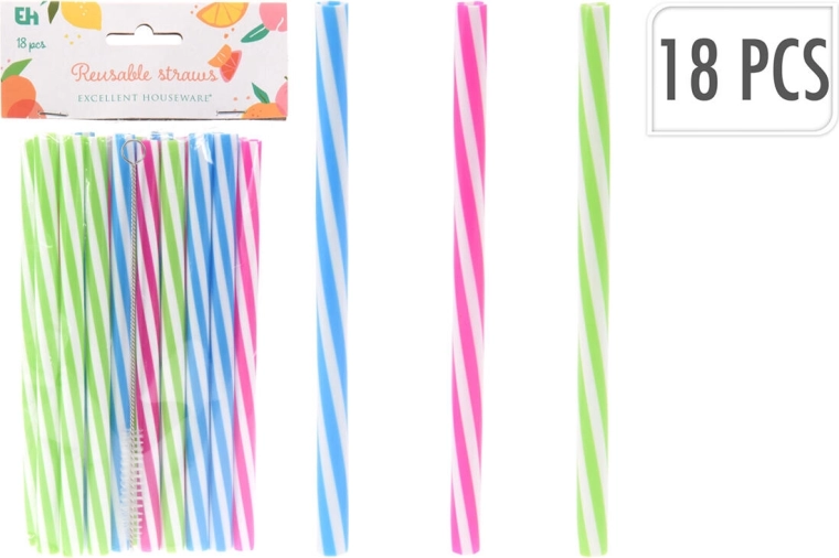 Herbruikbare plastic rietjes 10 × 180 mm, mix van kleuren + reinigingsborsteltje (18 stuks)