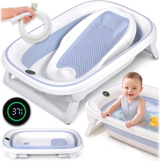 Nukido foldable baby bathtub with thermometer and newborn insert, white-blue
