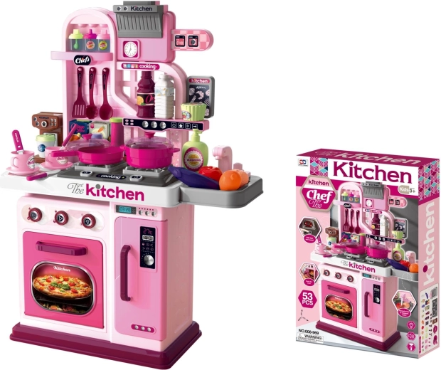 Pink toy kitchen with accessories