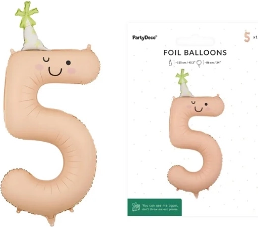 Ballon en aluminium chiffre 5 pêche avec visage 86 cm