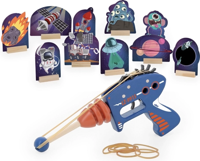 Wooden rubber band gun with space targets – Vilac