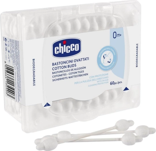 Chicco bâtonnets ouatés à forme anatomique, 100 % coton, 60 pcs