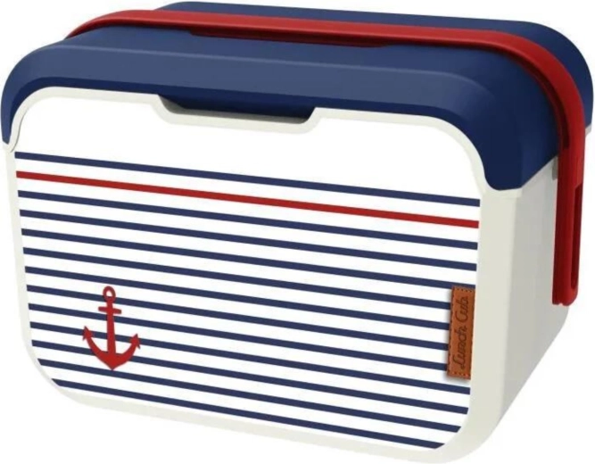 Mini koelbox 5 l KAMAI EDA met nautisch patroon – vanillekleurige behuizing, rood handvat, blauw deksel