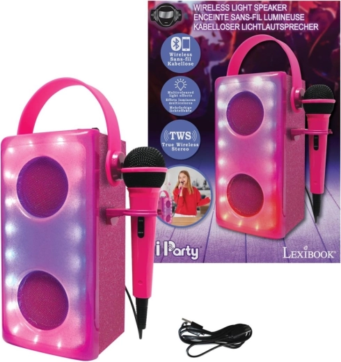 Pink karaoke Bluetooth speaker with microphone LEXIBOOK iParty with light effects