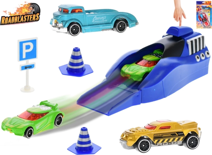 Roadblasters set met lanceerbare autootjes met verkeersborden, 3 stuks
