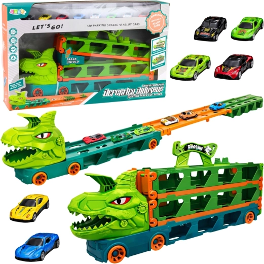 Dinosaur vrachtwagen met autootjes 4-in-1 – transporter, racebaan en lanceerder, 2,1 m