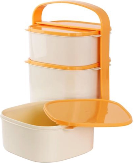 Plastic three-tier food carrier 2×1 L + 2 L with mixed lid colors