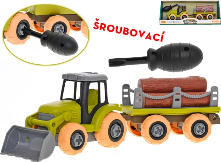 Schroefbare tractor met aanhanger en boomstammen 28 cm