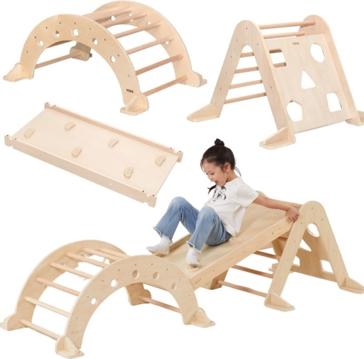 viga montessori aire de jeu à domicile 3-en-1 : triangle de Pikler, balançoire et toboggan réversible
