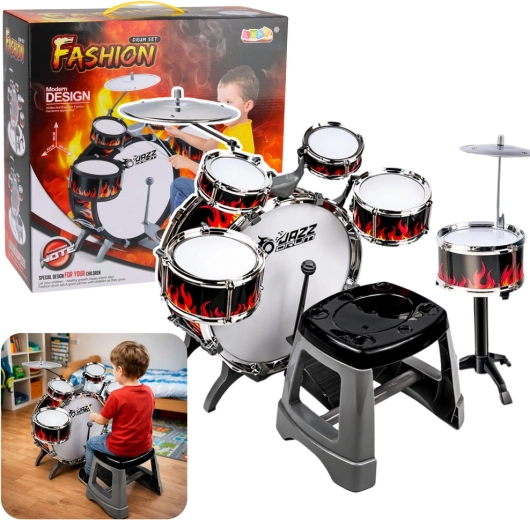 Children’s drum kit with 6 drums, 2 cymbals and stool