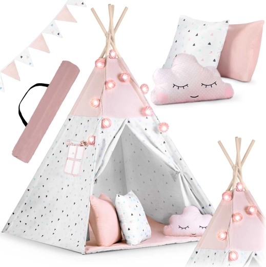 Tipi pour enfants avec guirlande et petites lumières NUKIDO – rose