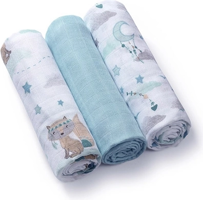 Langes en mousseline de bambou BABYONO 70 × 70 cm, lot de 3, bleu