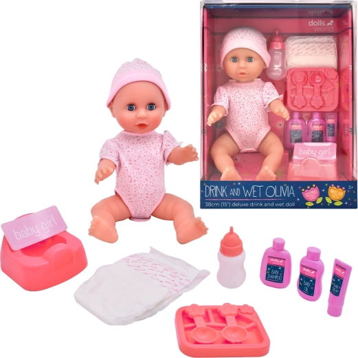 Dolls World Baby Olivia 38 cm trinkt und macht Pipi mit Schlafaugen und Zubehör