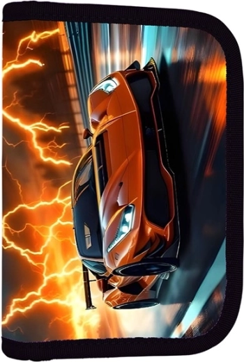 School pencil case with 2 flaps, empty – car motif