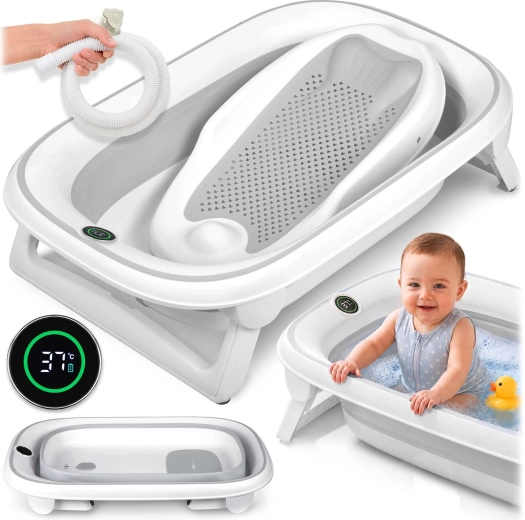 Nukido foldable baby bathtub with thermometer and newborn insert, white-grey
