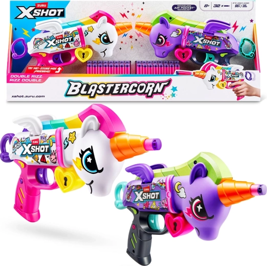 X-Shot Blastercorn – pistolets licorne, set de 2 avec 32 fléchettes