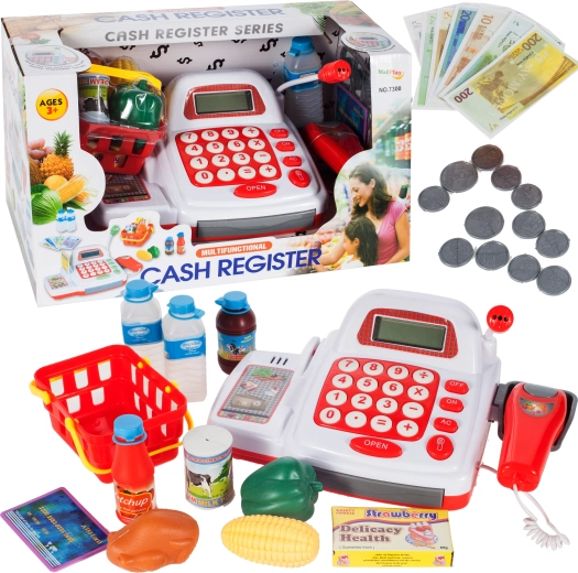 Kids’ cash register with basket and groceries