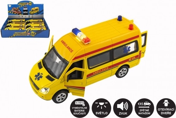 Ambulance – metalen-kunststof autootje met licht en geluid, 15 cm, met terugtrekmotor