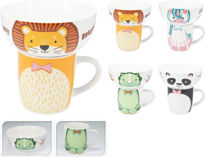 Kinderporseleinen set – mok en kom, mix van dierenmotieven