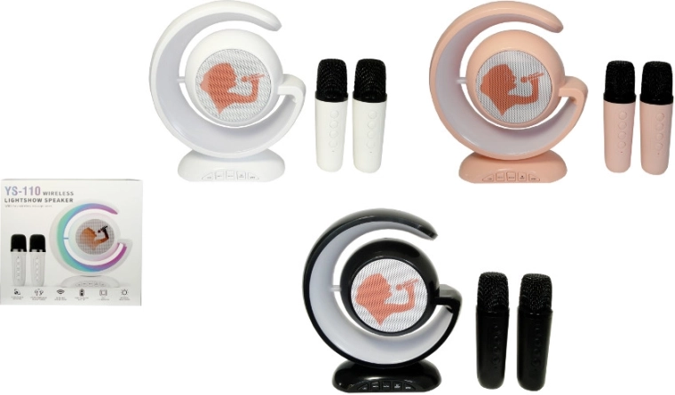 Wireless karaoke set with crescent-shaped speaker and 2 microphones