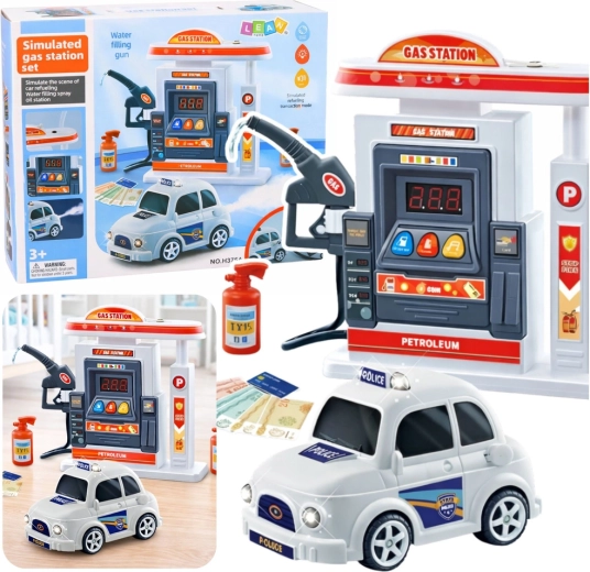 Interactive gas station with police car with lights, sounds, and water mist
