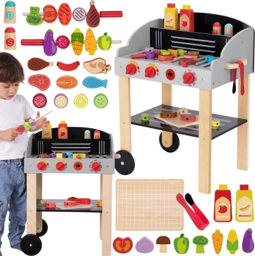 WOOPIE barbecue mobile en bois avec brochettes et accessoires, 24 pièces