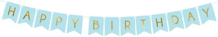 PartyDeco birthday banner Happy Birthday light blue with gold lettering 15 × 175 cm