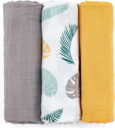 Petite&Mars set of bamboo muslin cloths Moussy Ochre Leaves, 3 pcs, 68 × 68 cm