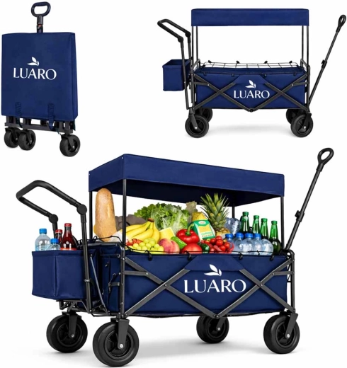 Folding beach and utility cart with canopy LUARO, navy blue