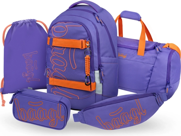 Baagl 5-Piece School Set Skate Max Orange – Backpack, Pencil Case, Drawstring Bag, Sports Bag and Waist Pack