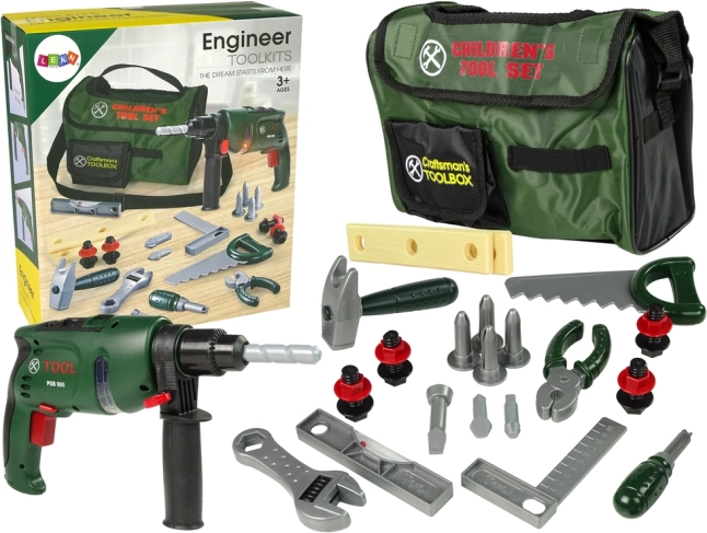 Kindergereedschapsset in tas met boormachine, hamer en zaag