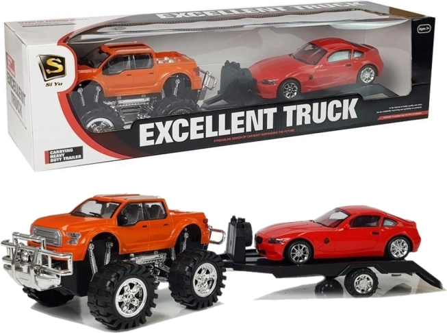 Voertuigenset: oranje monstertruck met sleepaanhanger en rode sportauto 58 cm
