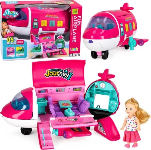 Fold-out Travel Airplane for Dolls 2-in-1 with Doll and Accessories, Pink